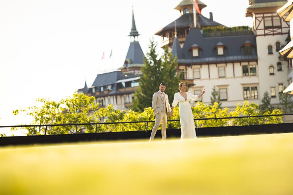 Wedding at Grand Hotel Dolder, Zürich. Sunset photoshoot with bride and groom