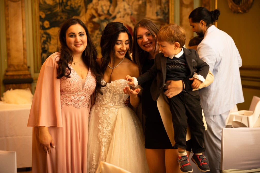 Group photo of bride and friends in Villa Wenkenhof, Switzerland.