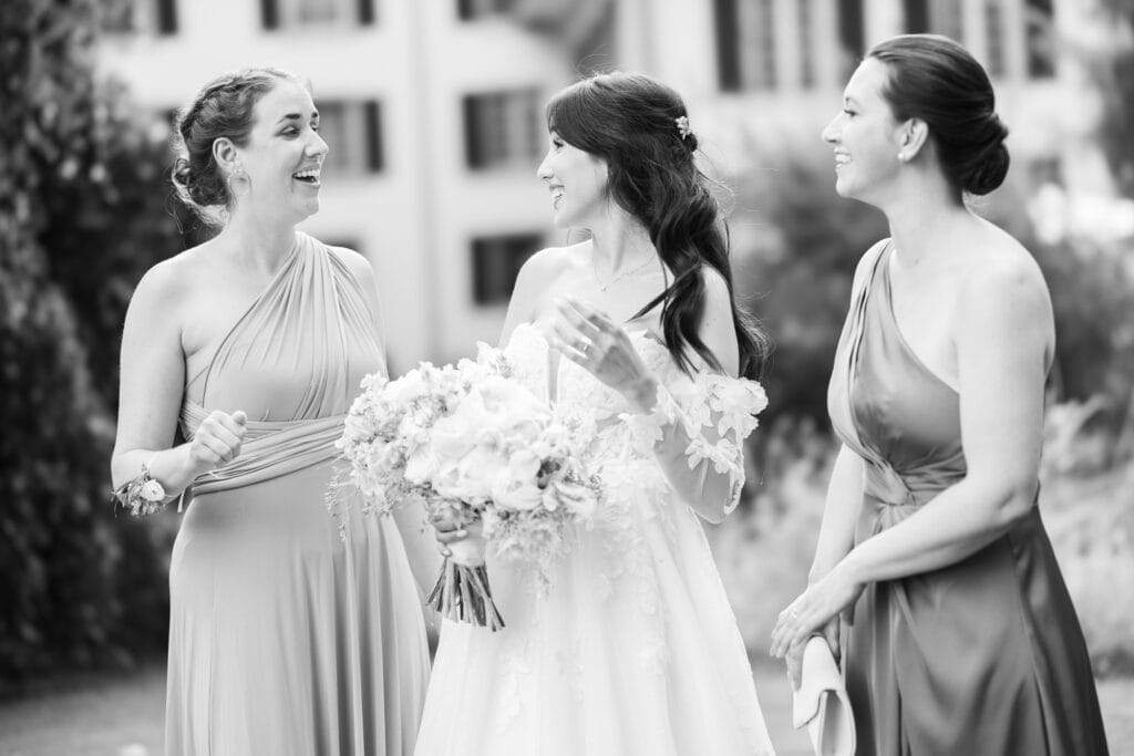 Bridemaids with the bride after the ceremony during their wedding at Schloss Hünigen in Bern