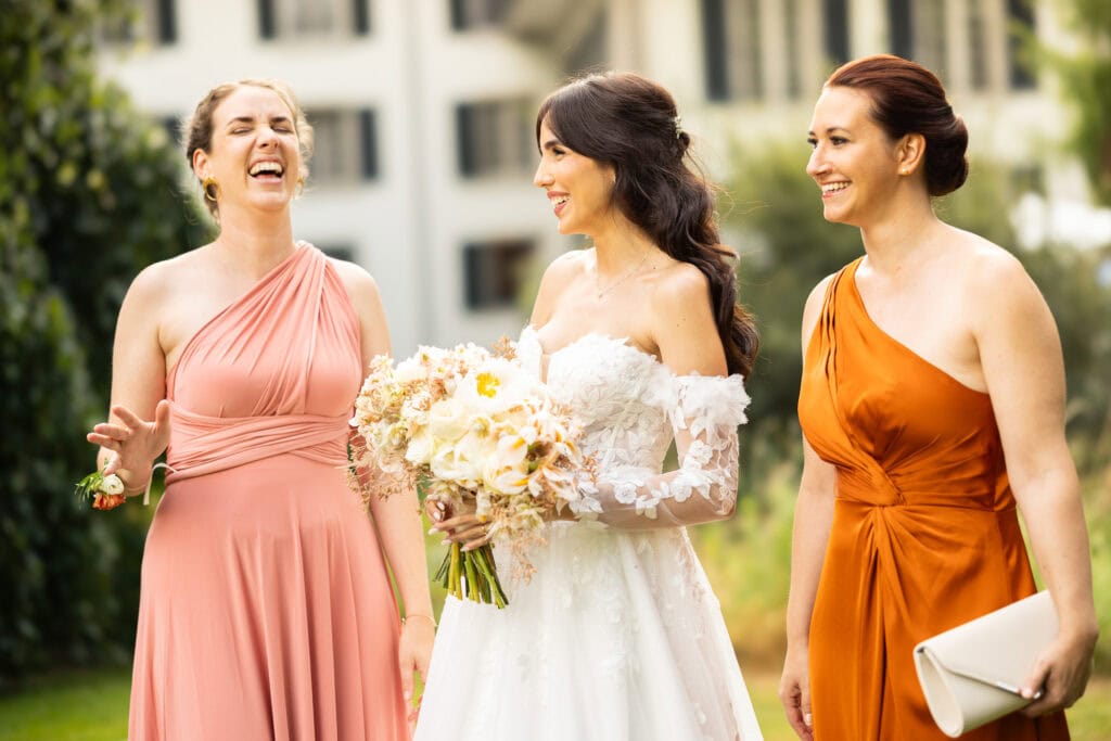 Bridemaids with the bride after the ceremony during their wedding at Schloss Hünigen in Bern