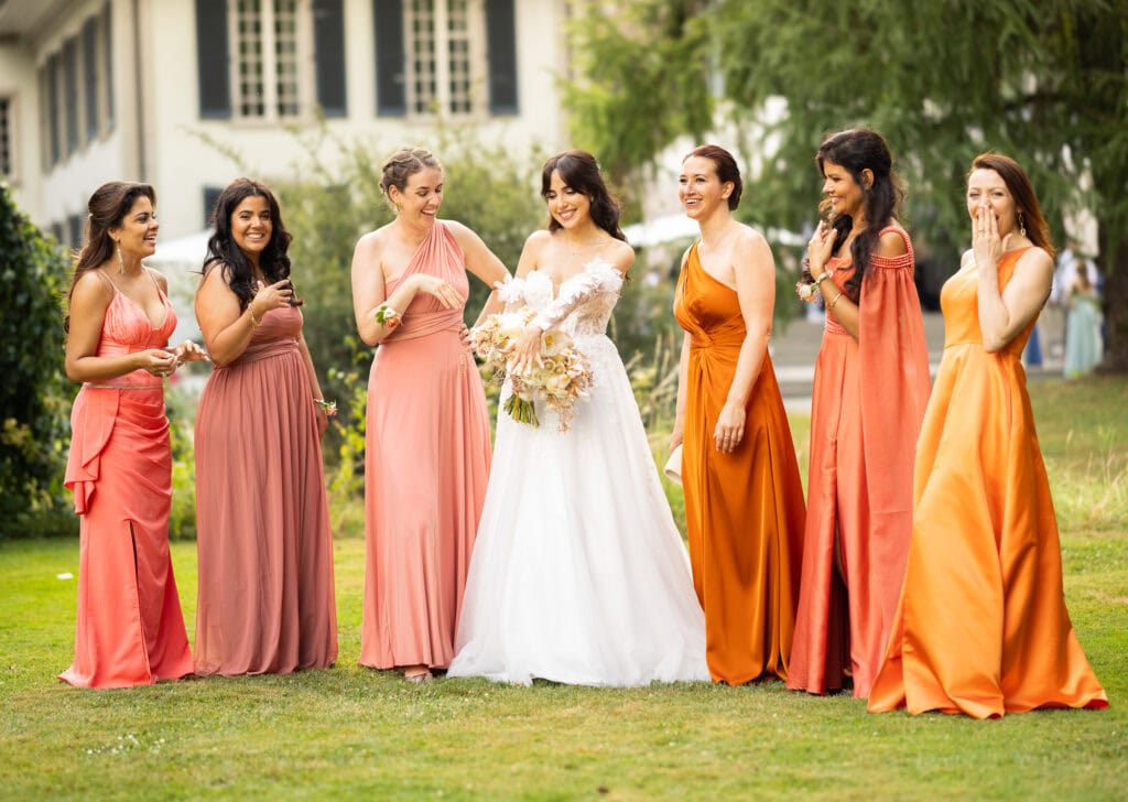 Bridemaids with the bride after the ceremony during their wedding at Schloss Hünigen in Bern