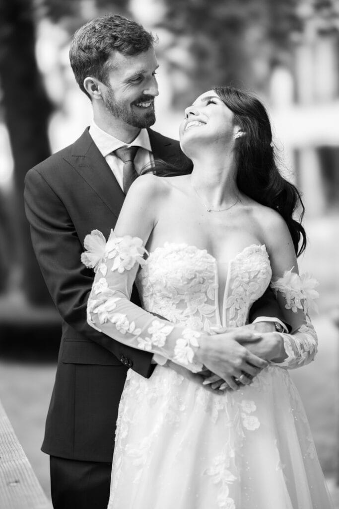 Couple session with the bride and groom in the gardens during their wedding at Schloss Hünigen in Bern