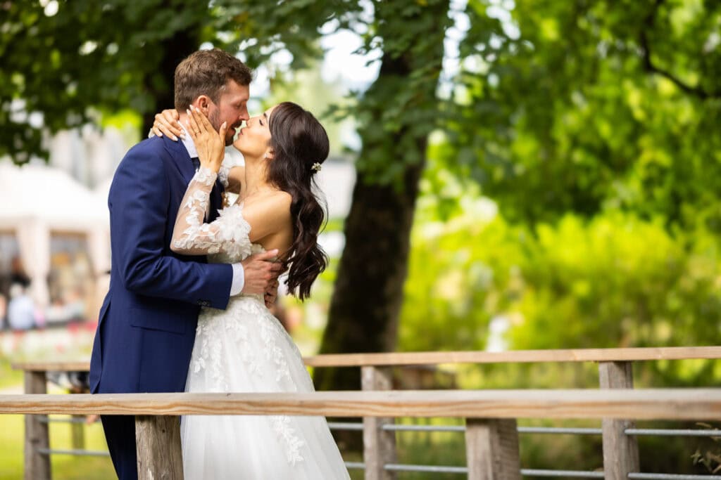 Couple session with the bride and groom in the gardens during their wedding at Schloss Hünigen in Bern