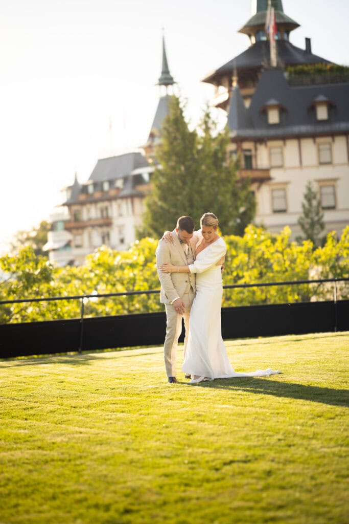 Wedding at Grand Hotel Dolder, Zürich. Sunset photoshoot with bride and groom
