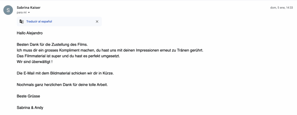 Messaggio di feedback degli sposi. Testimonianza