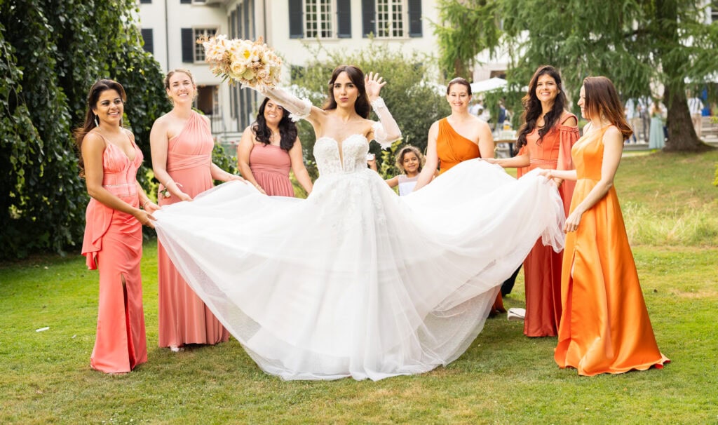 Bridemaids with the bride after the ceremony during their wedding at Schloss Hünigen in Bern