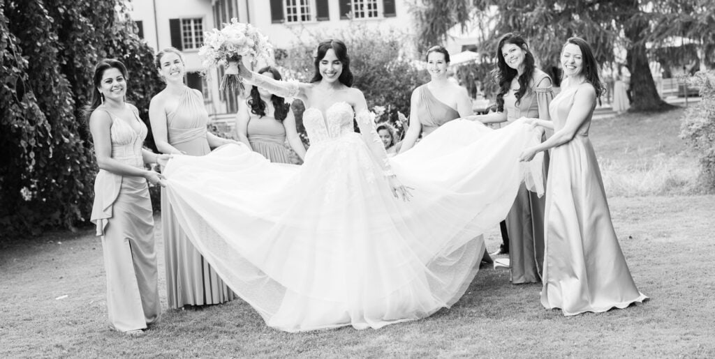 Bridemaids with the bride after the ceremony during their wedding at Schloss Hünigen in Bern