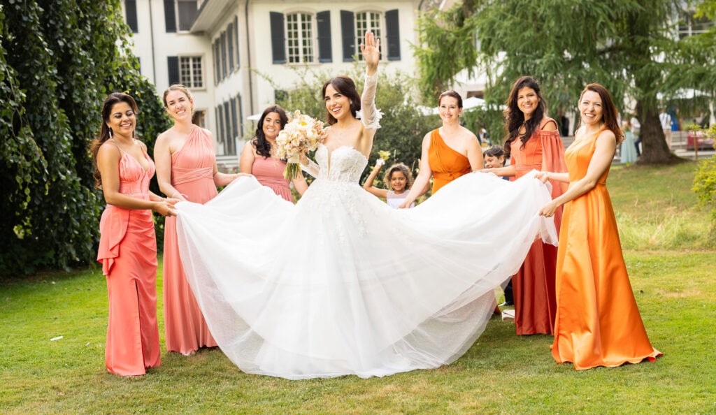 Bridemaids with the bride after the ceremony during their wedding at Schloss Hünigen in Bern