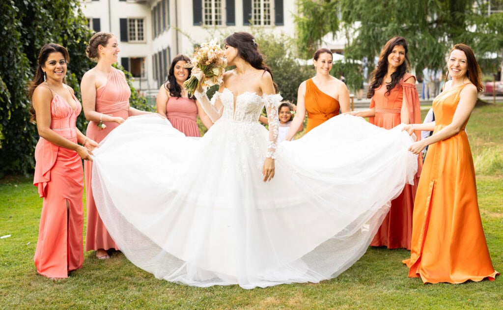 Bridemaids with the bride after the ceremony during their wedding at Schloss Hünigen in Bern