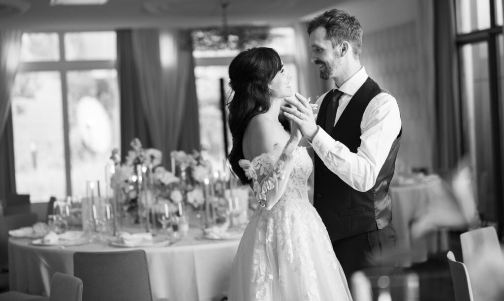 Couple session with the bride and groom in the gardens during their wedding at Schloss Hünigen in Bern