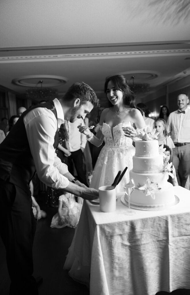 Wedding cake displayed during the reception at Schloss Hünigen in Bern