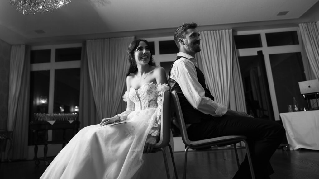 Games with bride and groom during the wedding reception at Schloss Hünigen in Bern