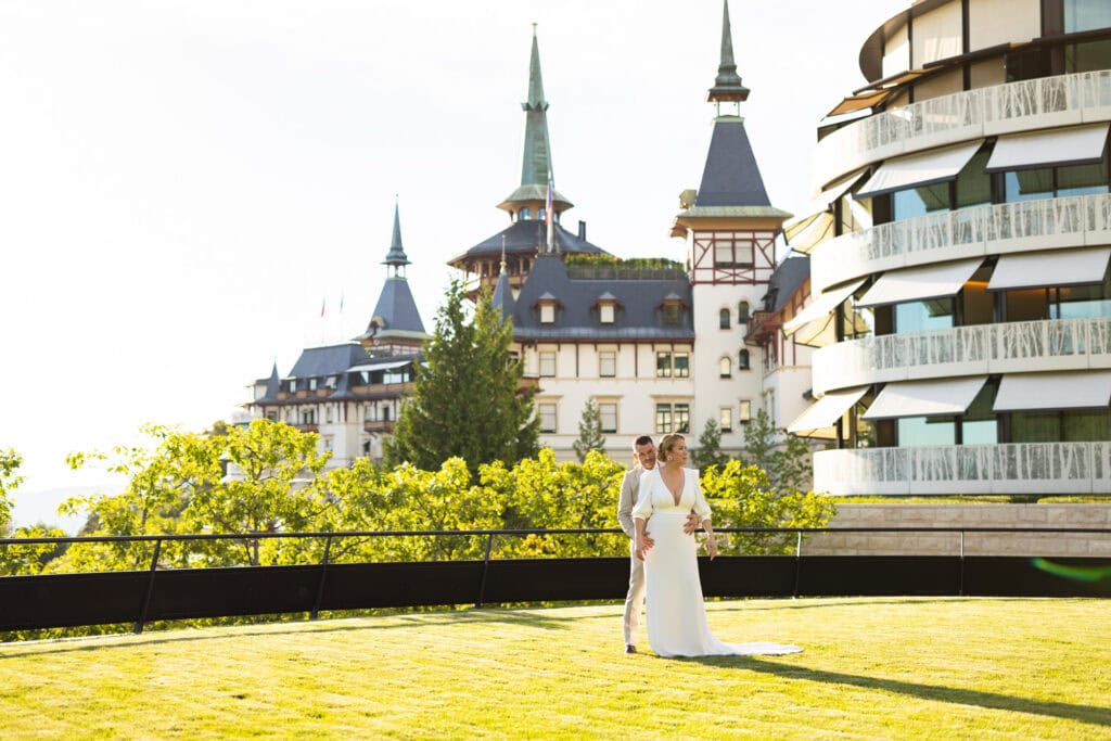 Wedding at Grand Hotel Dolder, Zürich. Sunset photoshoot with bride and groom